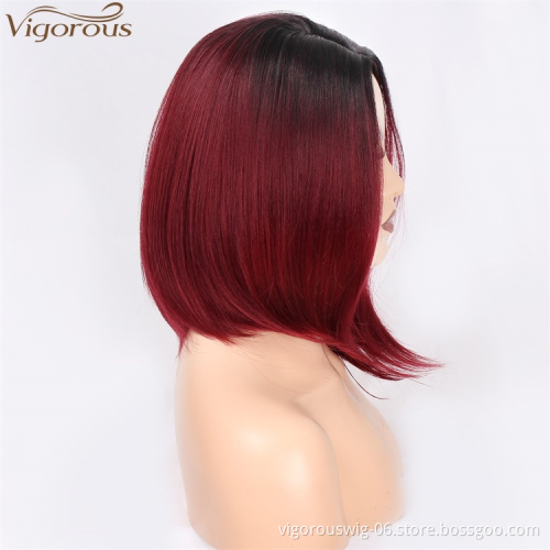 Vigorous 14inch Synthetic Side Part Natural Short Straight Hair Wigs for Black Women 2 Tone Ombre Red Heat Resistant Fiber Hair